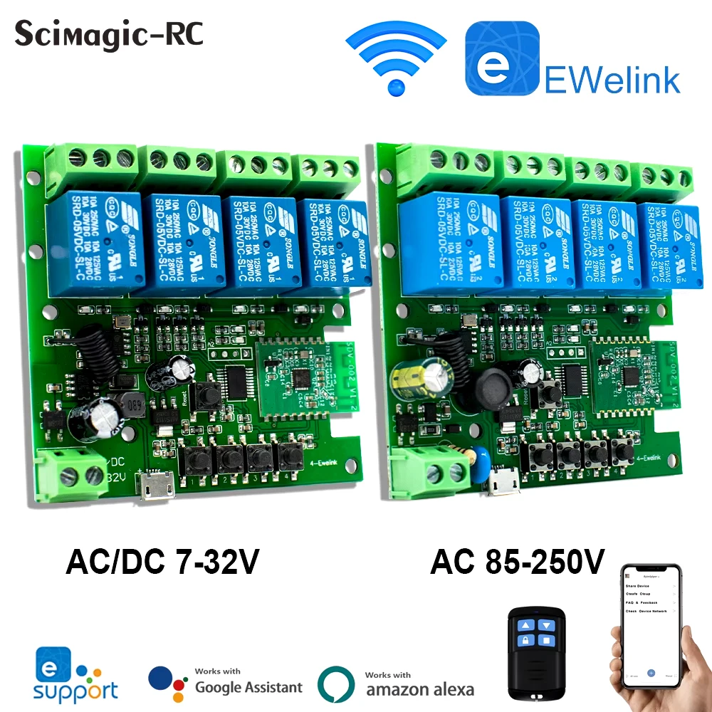 Ewelink 4ch wifi אוטומטי חכם מנוע אור חכם 433 מתג אלחוטי 12v 24v 220v v wi wi wi i wi fi מתריס 16 מקלט ממסר