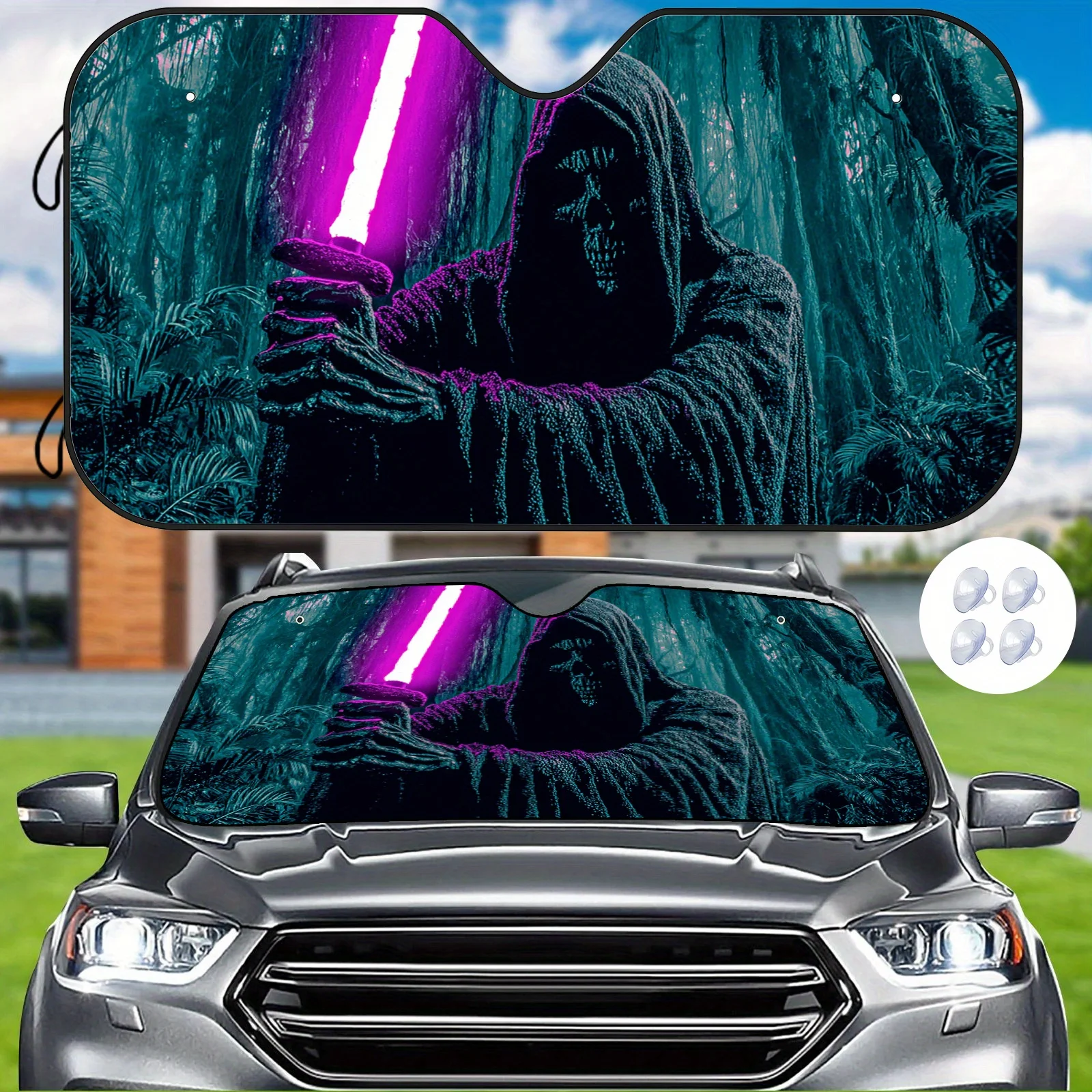 The Dark Forest-Themed Sunshade For Cars Features A Purple Blade Design With A Mysterious Skull Reaper Motif, Complete With A Co