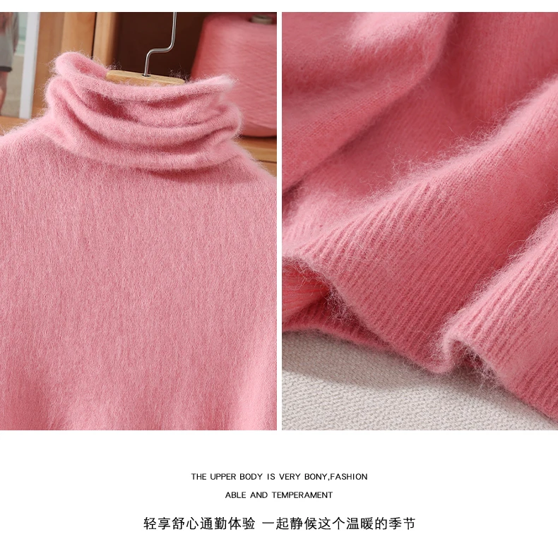 100% Pure Mink Fur Sweater Women's Pullover High Neck Knitted Sweater Autumn Winter New Item Pile Collar Thick Soft Base Sweater