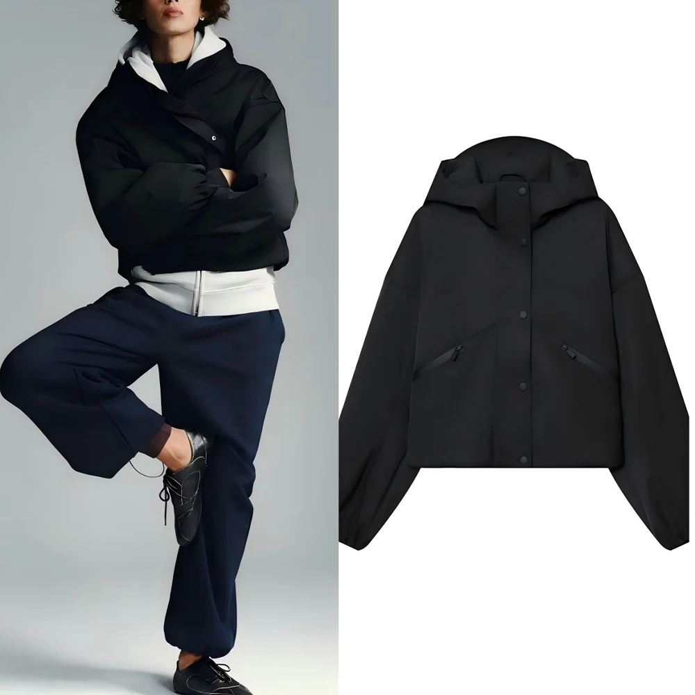 

Женская новая модная черная короткая теплая ветрозащитная водонепроницаемая куртка с капюшоном, пальто в стиле ретро с длинными рукавами на молнии, женское пальто, шикарный топ