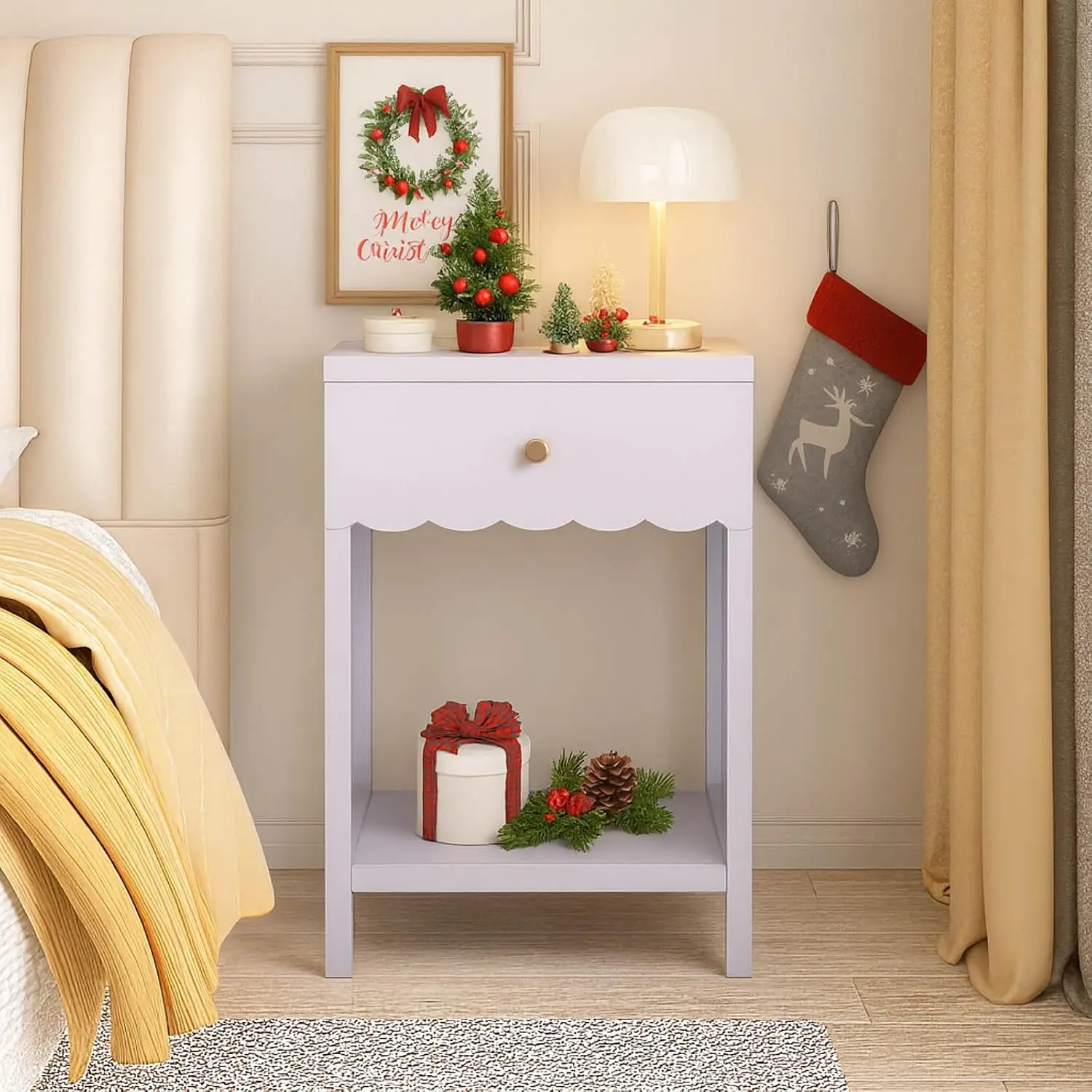 Modern Nightstand Drawer & Open Shelf Scalloped Edge Bedside Table Bedroom Side Table Girls Room 26