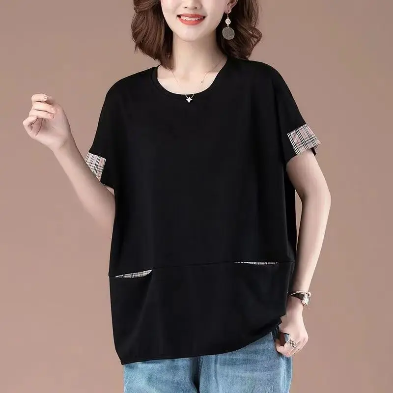Fashion O-Neck Spliced Pockets Plaid Casual T-Shirt Women's Clothing 2024 Summer New Loose All-match Tops Commuter Tee Shirt