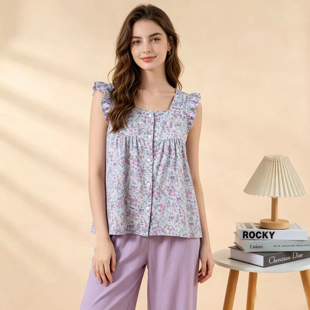 

2 Pieces Sleeveless Tops With Pants Pajamas For Woman Summer New Night Wear For Ladies Pure Cotton Pjs Pyjama Set Sleepwear Suit