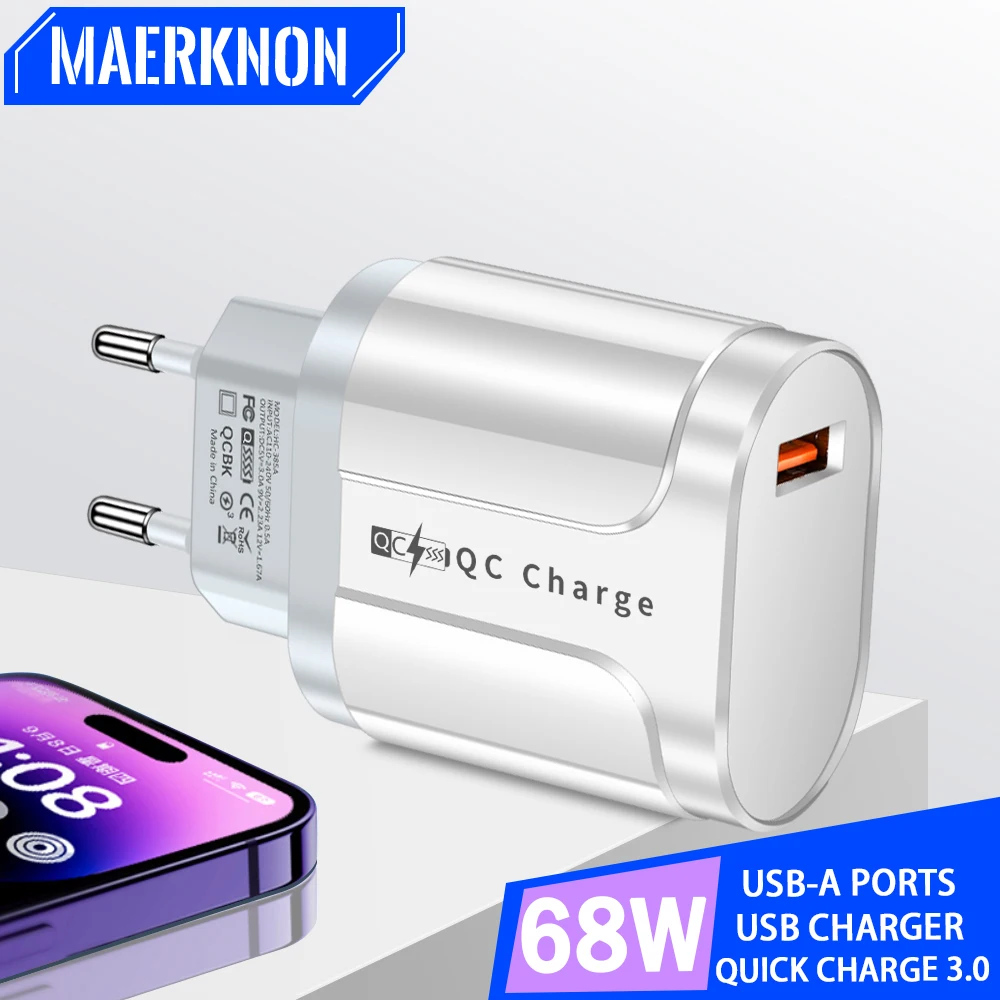 

68W USB Charger Fast Charging For iPhone 15 14 Pro Samsung Xiaomi Quick Charge 3.0 EU/US/UK Plug Portable Mobile Phone Chargers