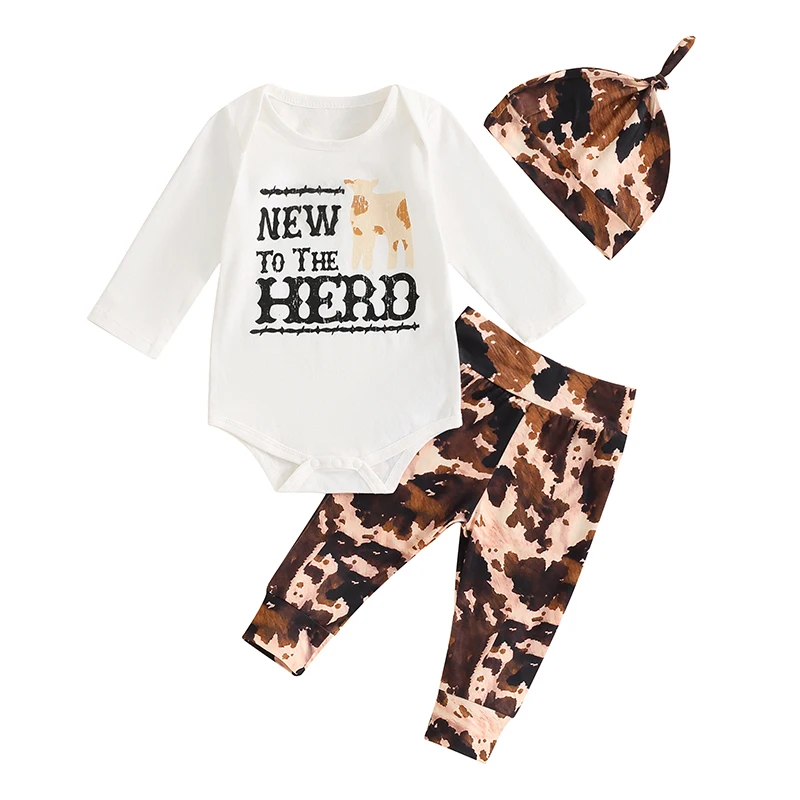 Newborn Baby Boy Western Pants Set Letter Print Long Sleeve Rompers and Pants Suit 3Pcs Fall Outfits Clothes Sets