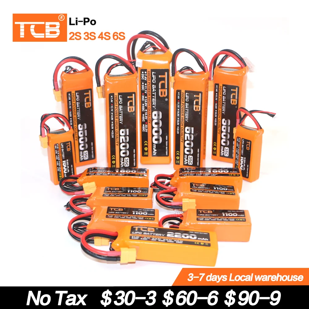 

NEW TCB 2S 3S 4S 6S 11.1V 14.8V 22.2V 1300 1500 1800 2200 3000 4200 5200 6000mAh 35C 60C XT60-T PLUG RC Lipo Batteries