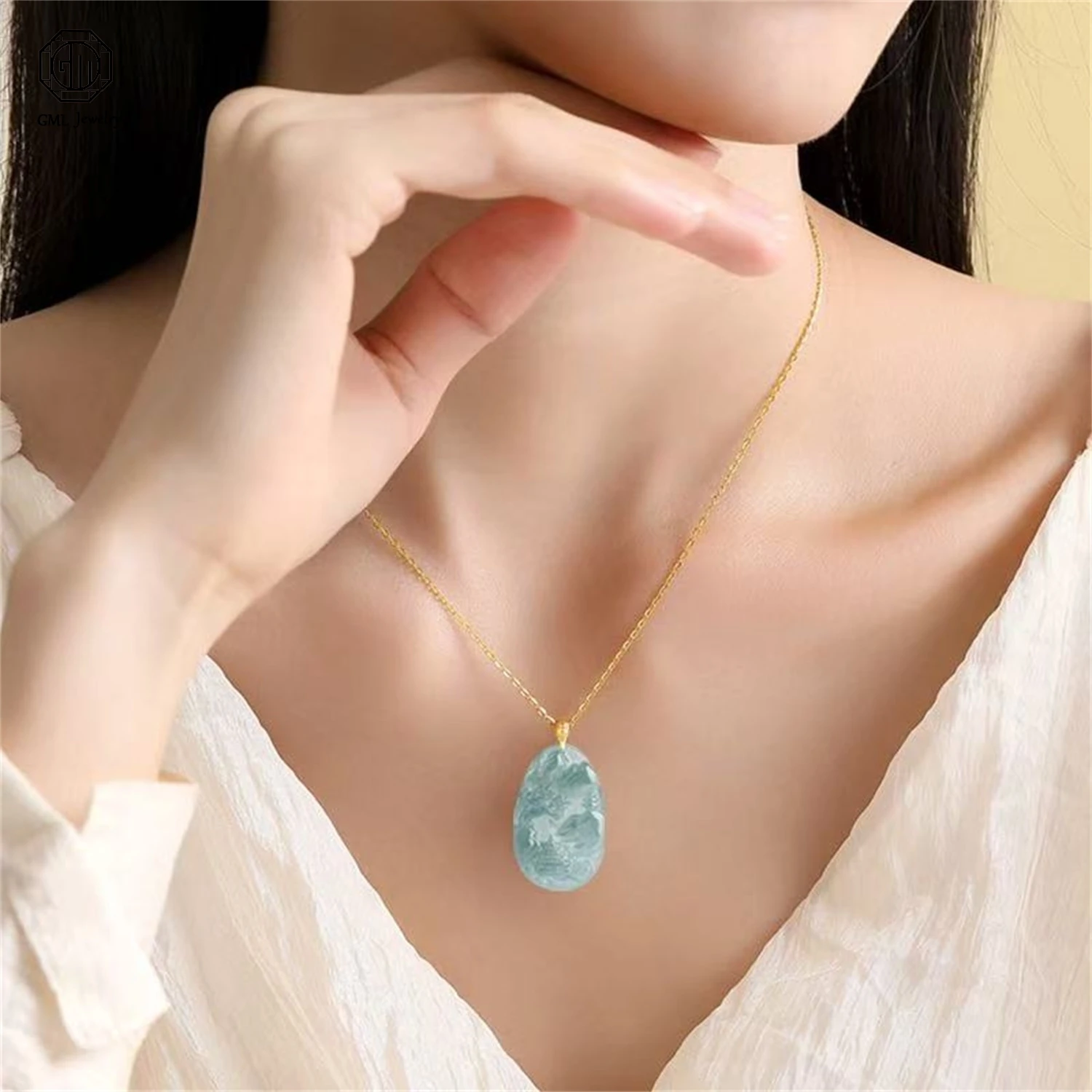 Natural Grade A Jadeite Blue Water Landscape Plaque Pendant Ice Translucent Women Gemstone Blue Water Necklace Jewelry Gift