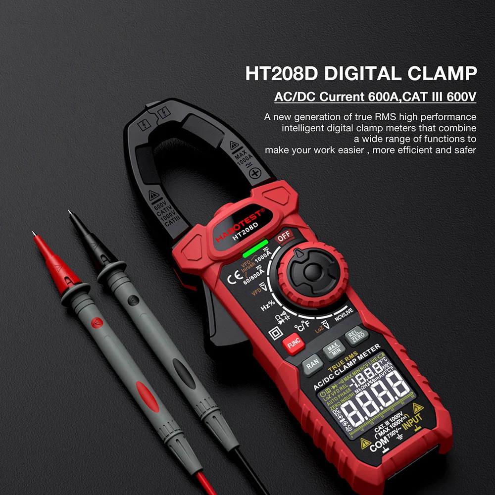 Digital Clamp Meter HT208A/D AC/DC Multimeter Pinza Amperimetrica True RMS High Precision Capacitance NCV Ohm Hz Tester ﻿