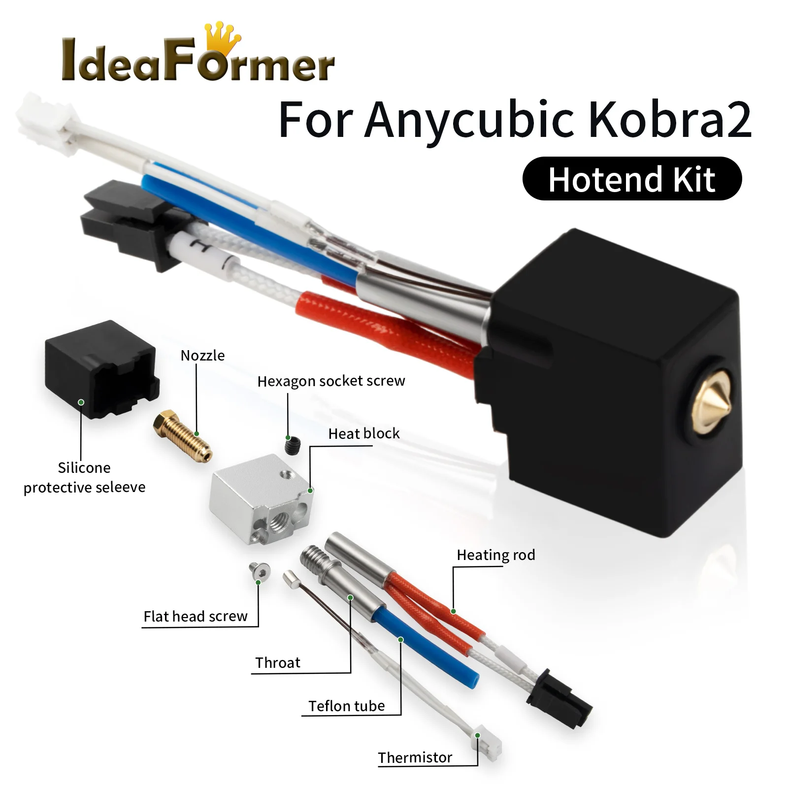 

For Anycubic Kobra 2 Hotend 24V 60W Throat For Kobra 2 Hotend Nozzle Thermistor Heat Block Nozzle Heating Rod PTFE Tube