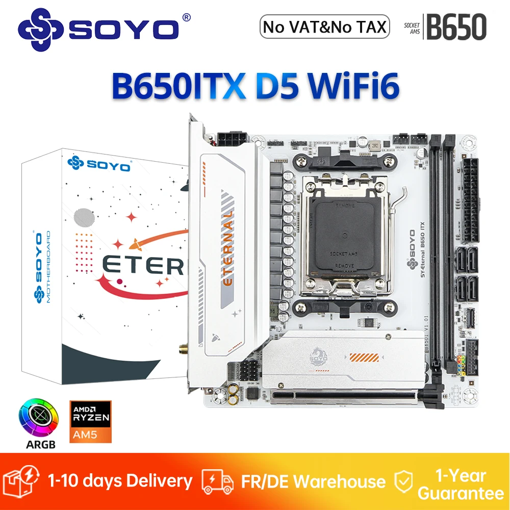 SOYO AMD B650ITX Gaming-Mainboard unterstützt Dual-Channel-DDR5-RAM, AM5 Ryzen 7000 8000 9000 CPU-Prozessoren, PCIE5.0x4, ARGB, WiFi6.