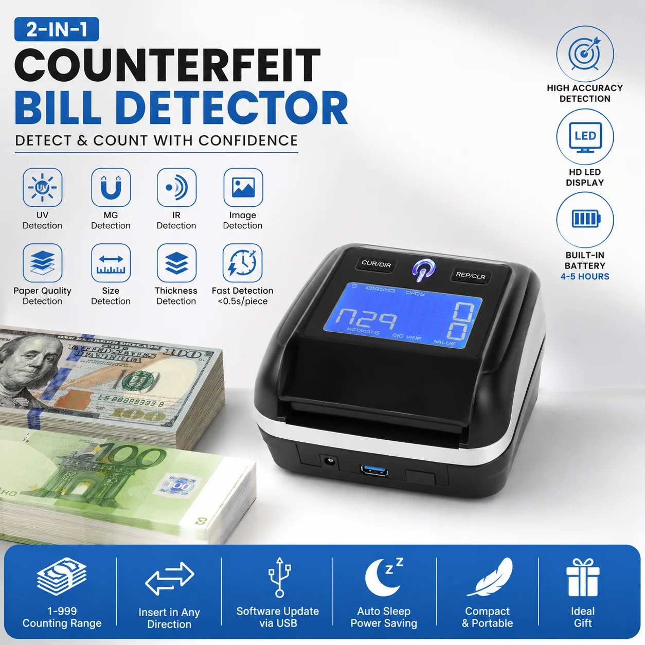 Image of 2-in-1 Tragbarer USD-EUR-Falschgeld-Detektor & Banknoten-Zählgerät mit UV-, MG- und IR-Bilderkennung, wiederaufladbarem 500-mAh-Akku, kompaktem LED-Display, automatischer Schlaffunktion, weniger als