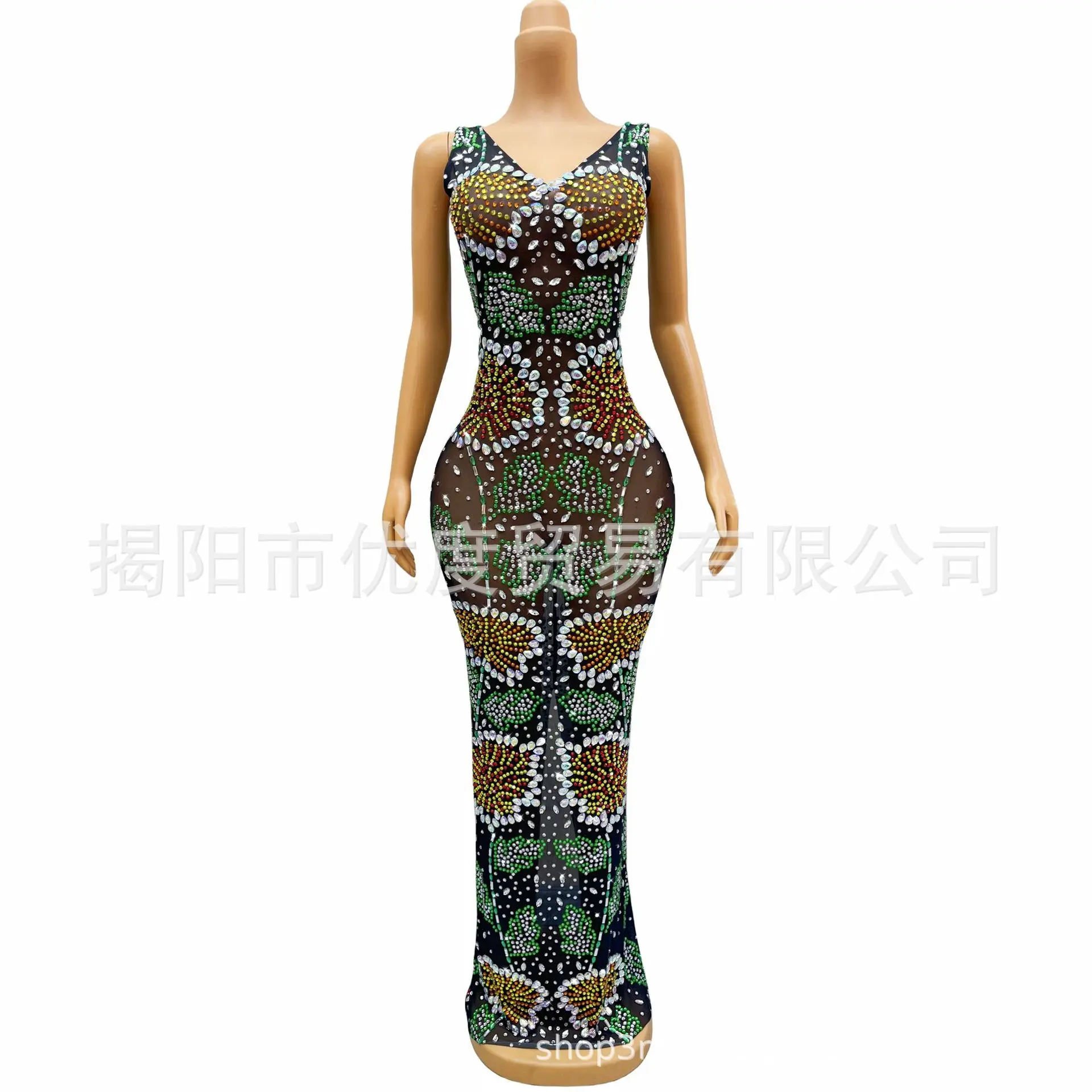 Classical Style Sleeveless Backless Bright Rhinestone Mesh Cocktail Party Night Stage Performance Long Dress Pattern Ropa Espejo