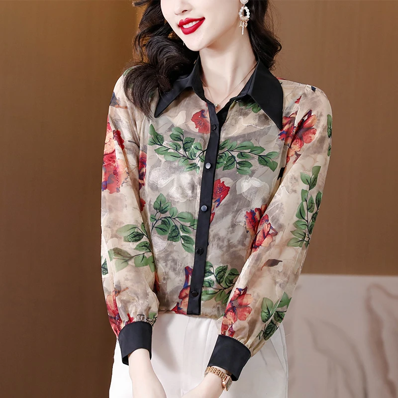 Vintage damesblouses Casual bedrukte shirts Mode losse lente/zomer chiffon kleding Koreaanse damestops met lange mouwen