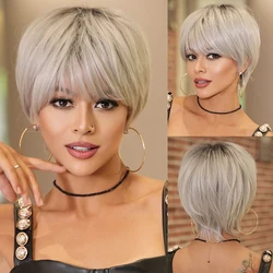 NAMM Silver Ash Short Wig  for Women Daily Party Overhead Dyeing Black Natural Synthetic Lavender Heat Resistant Straight Wigs