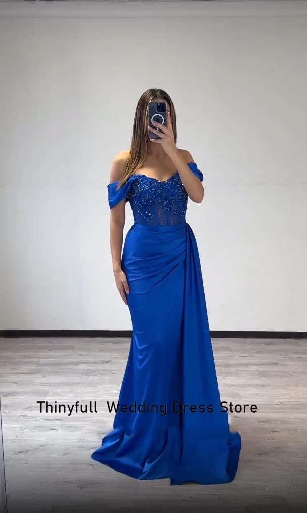 Thinyfull Blue Mermaid Elegant Evening Dresses Off Shoulder Appliques Satin Prom Party Dress Formal Occasion Gown Robe De Soirée