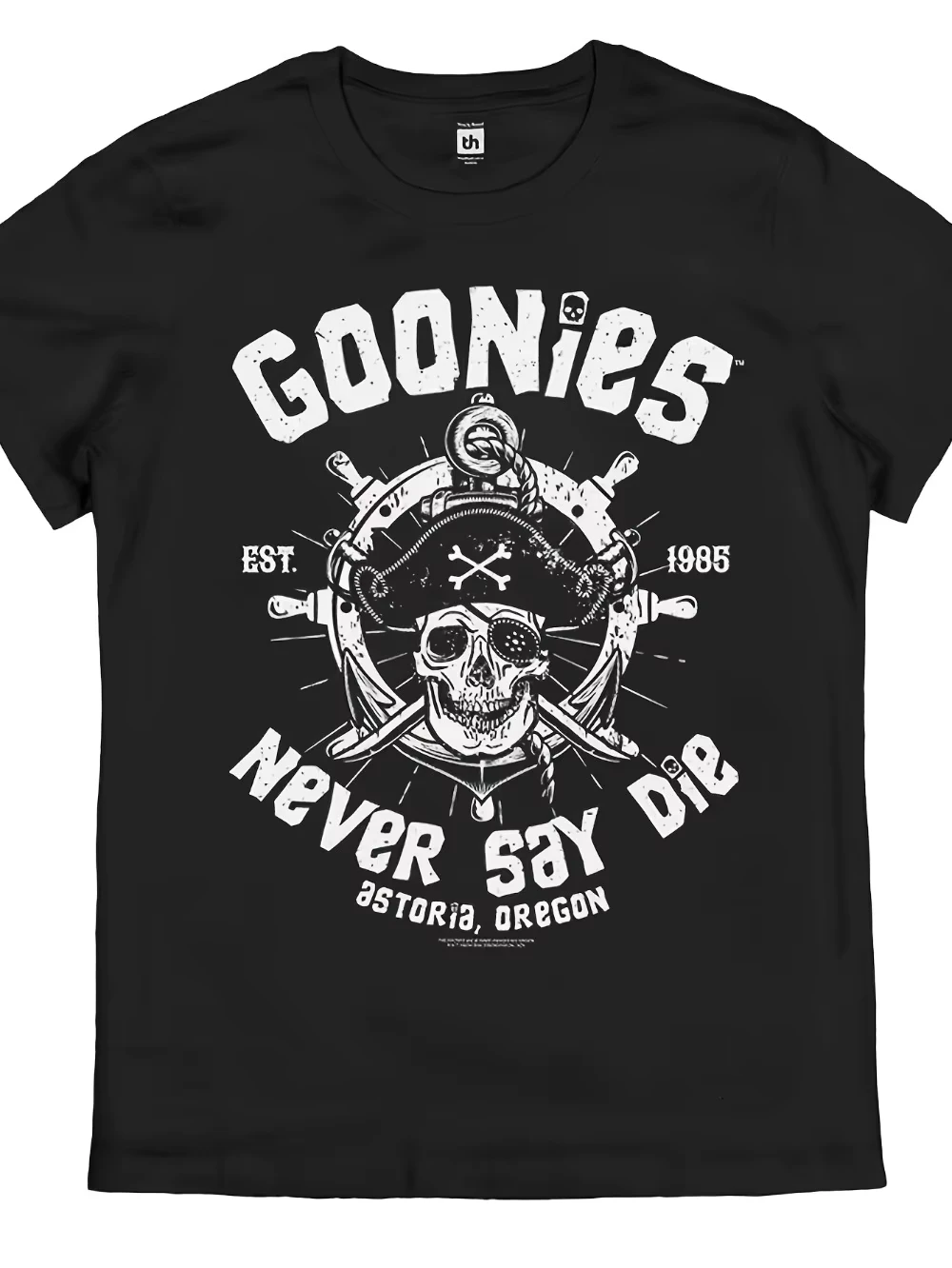Camiseta retro para hombre Goonies Never Say Die, diseño oficial inspirado en la película de los años 80 con el icónico logotipo de calavera y huesos cruzados de pirata