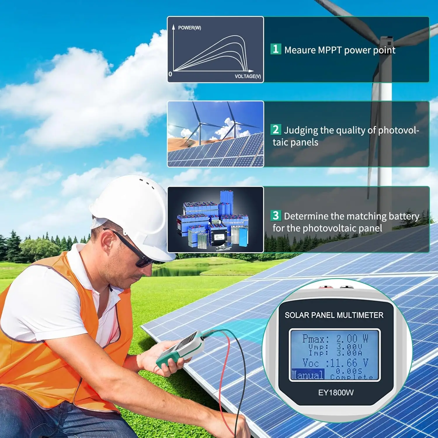 Solar Panel Smart Tester 1800W Auto/Manual MPPT Photovoltaic Panel Multimeter Testing Power Meter Tool EY1800W