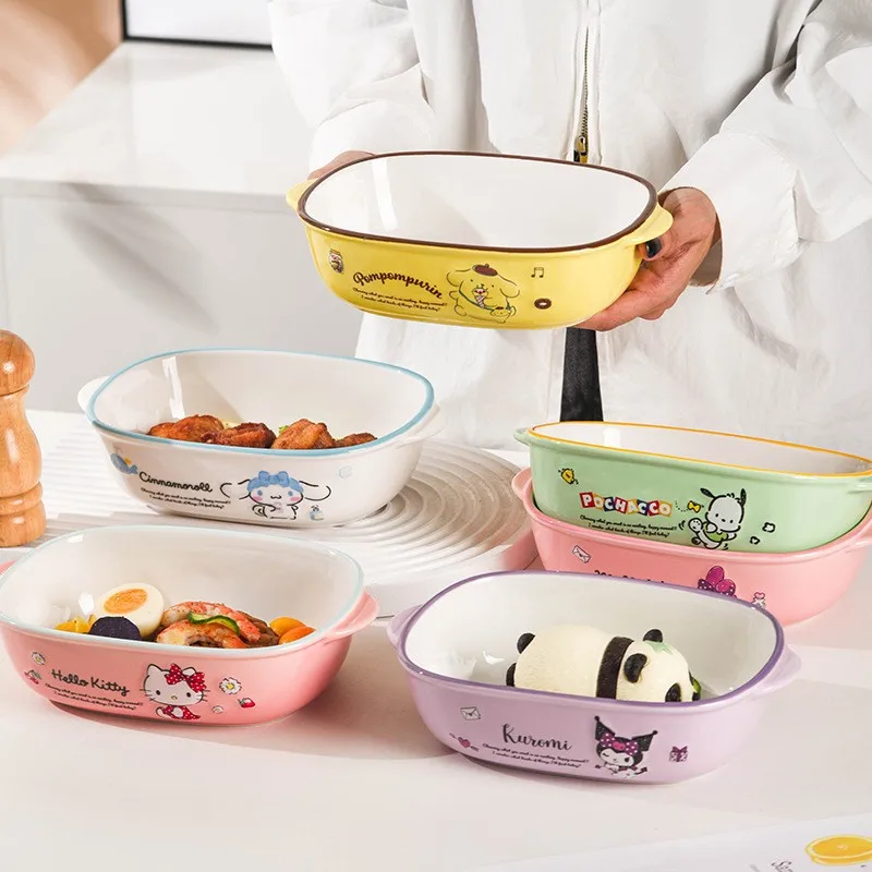 Sanrio Hello Kitty Kuromi Anime Kawaii Ceramic Baking Bowl Cute Cartoon Cinnamoroll Household Salad Dessert Plate Gifts Toys