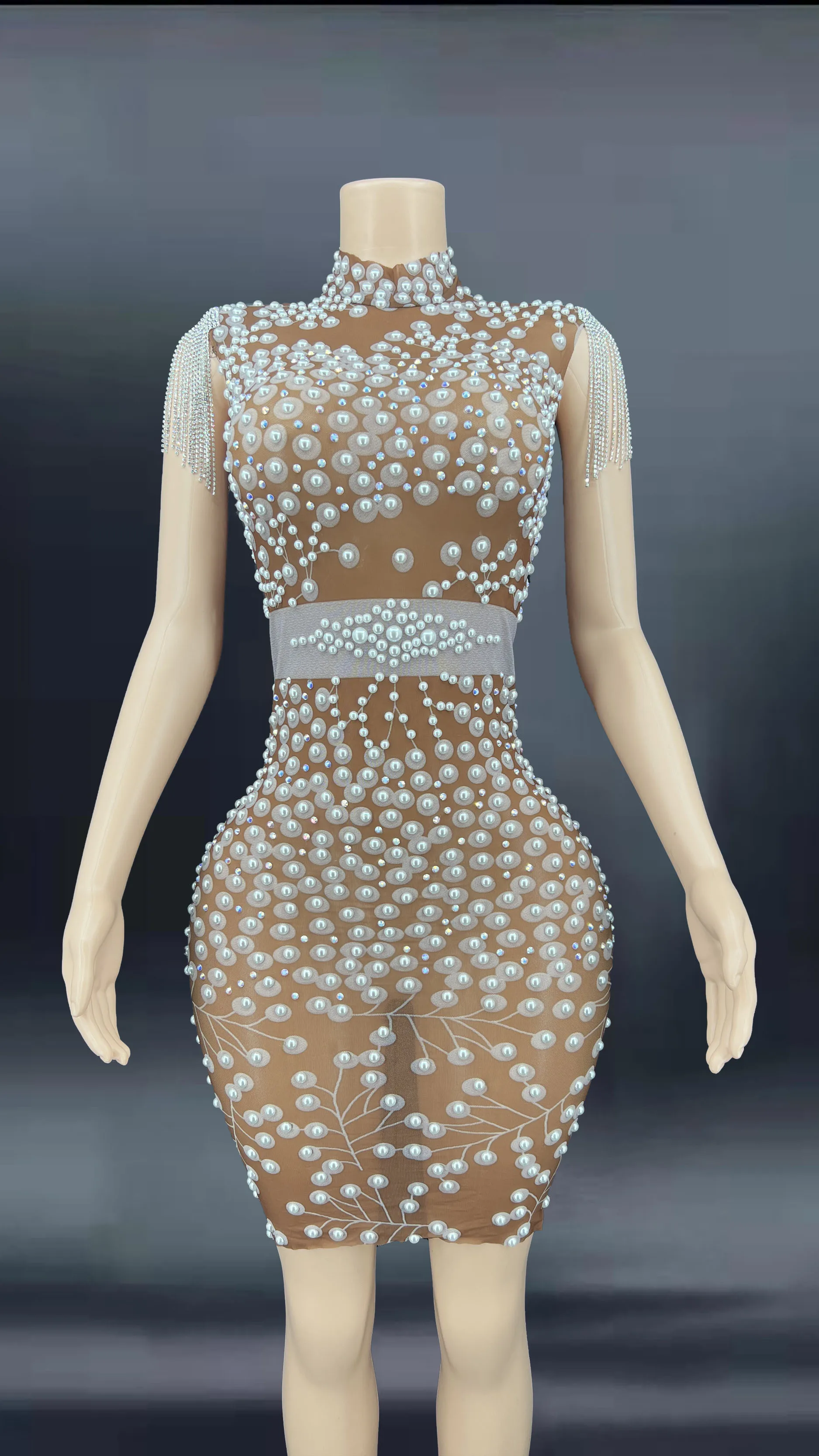 

Sexy Mesh Rhinestones white Pearls Dress Birthday Celebrate Stretch Costume Female Singer Show Stereoscopic plus size