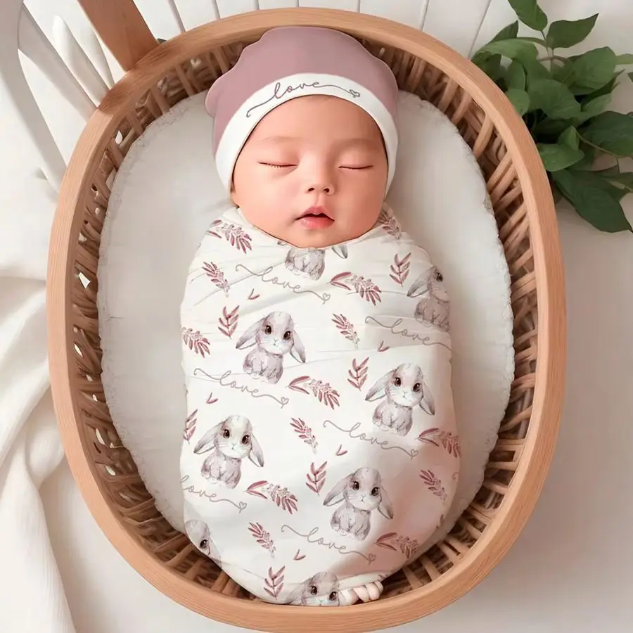 2Pcs Newborn Photography Blanket Hat Printed Newborn Swaddle Adjustable Infant Sleeping Swaddle Wraps All Seasons