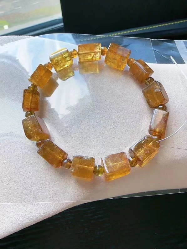 

Natural Yellow Tourmaline Quartz Bracelet 11.3/8.5/8.3mm Clear Cube Beads Women Men Orange Candy Tourmaline Stone AAAAAA