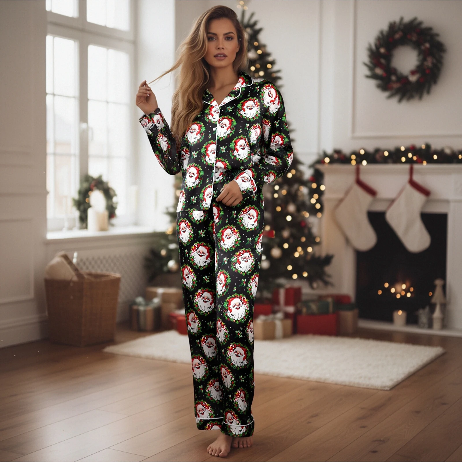 レディース クリスマス パジャマ セット プリント ボタンアップ 長袖 ラペル V ネック トップスとパンツ ラウンジウェア 2 点セット