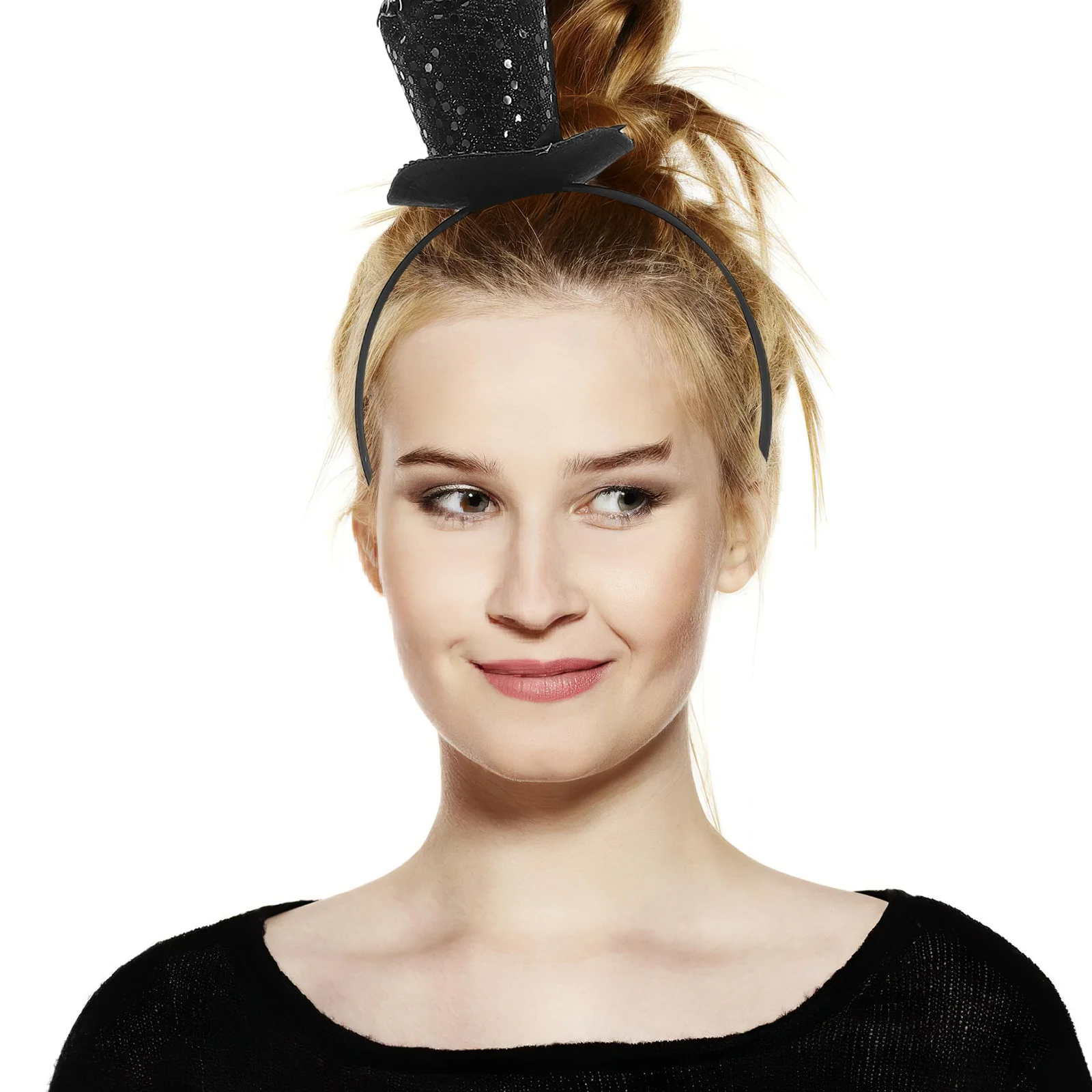 

Mini Black Top Hat Headband Glitter Sequin Bow Women Party Hair Hoop Halloween Costume Accessory Christmas Tea Party Photo Booth