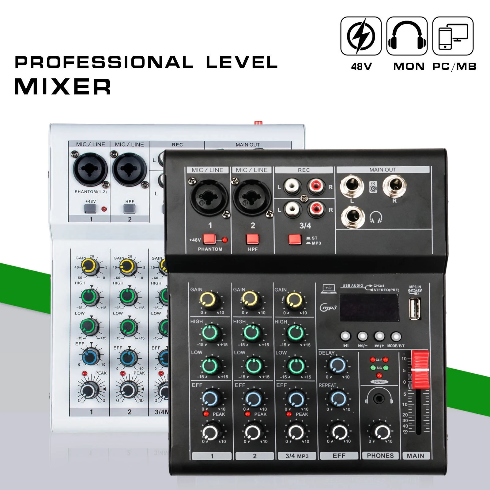 4 Channel 99 DSP Audio Mixer 48V Phantom Power USB Studio Sound Mixers Wireless Phone Connect Home DJ Console Mixing for KTV