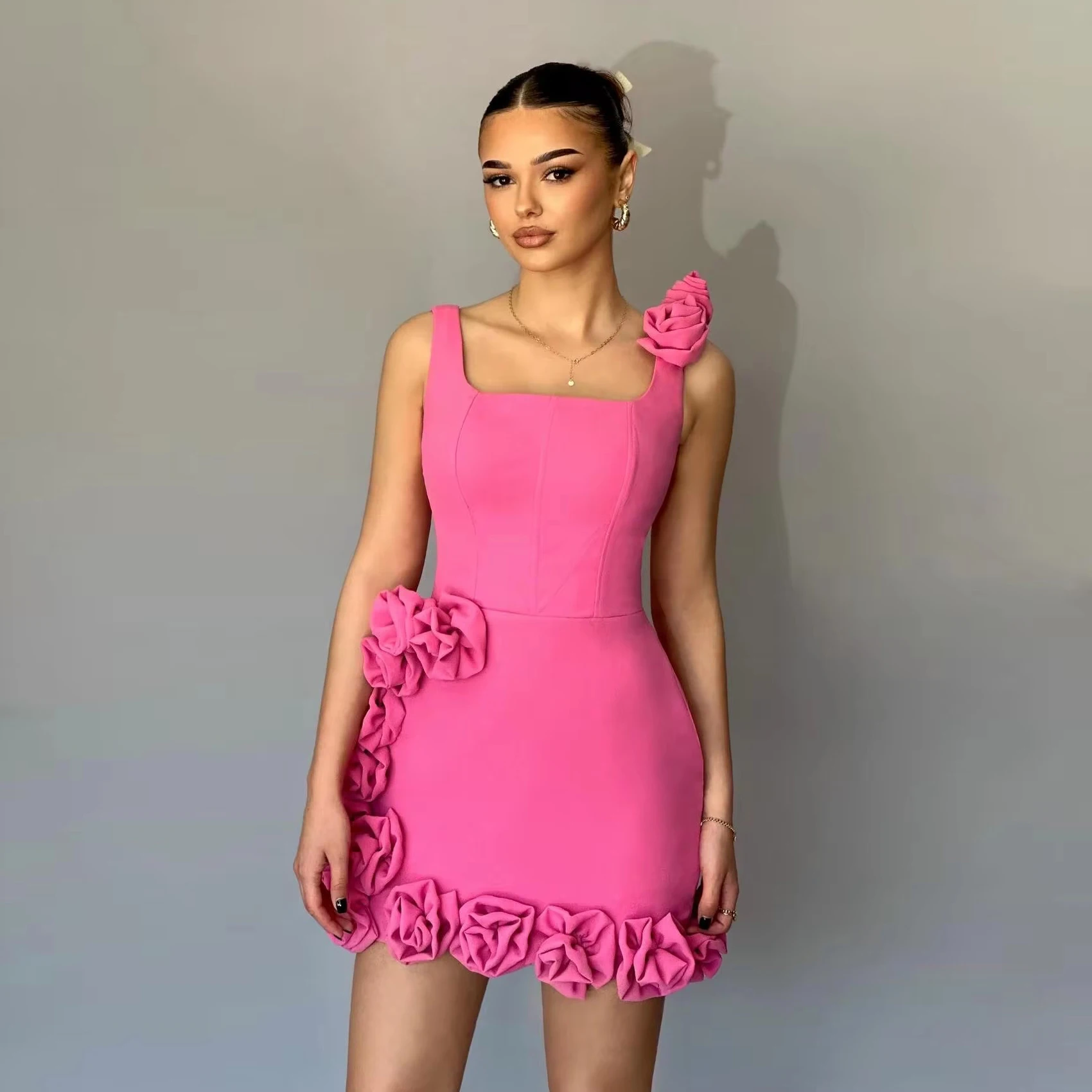 

Popular Rose Flowers Mini Dress Hot Pink Handmade Floral Short Prom Party Dresses Women Birthday Gown 2025 New Event Gala Dress