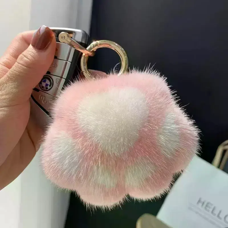 고양이 발바닥 펜던트 키체인 푹신한 귀여운 인조 모피 키체인 귀여운 봉제 인형 키링 백팩 자동차 키 펜던트