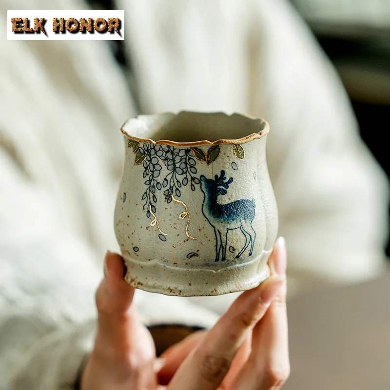 

150ml Hand Drawn Plum Blossom Deer Flint Red Cola Mug Bubble Teacup Cold Hot Water Jug Hand Warmer Office Water Cup Tableware