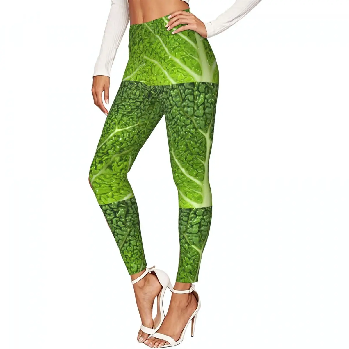 Women High Waist Elastic Leggings Fresh Cabbage Leaf Texture Slim Fit Stretchy Pants Casual Wear