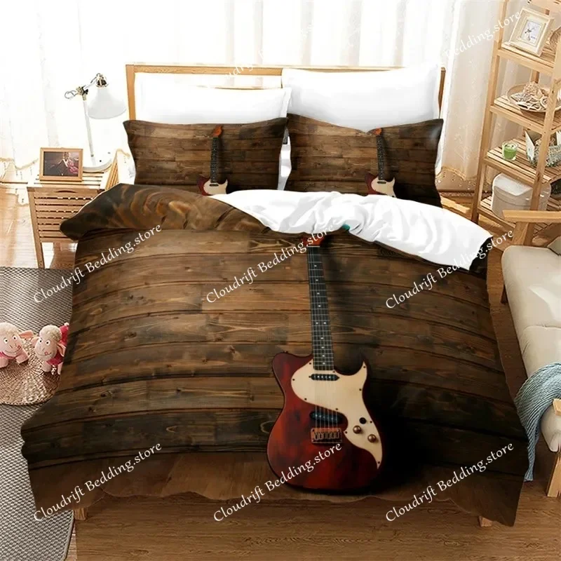 Guitar Queen Duvet Cover Rock Music Theme Bedding Set Grunge Color Splashed Brick Wall Background Electronic Guitar Mics Design