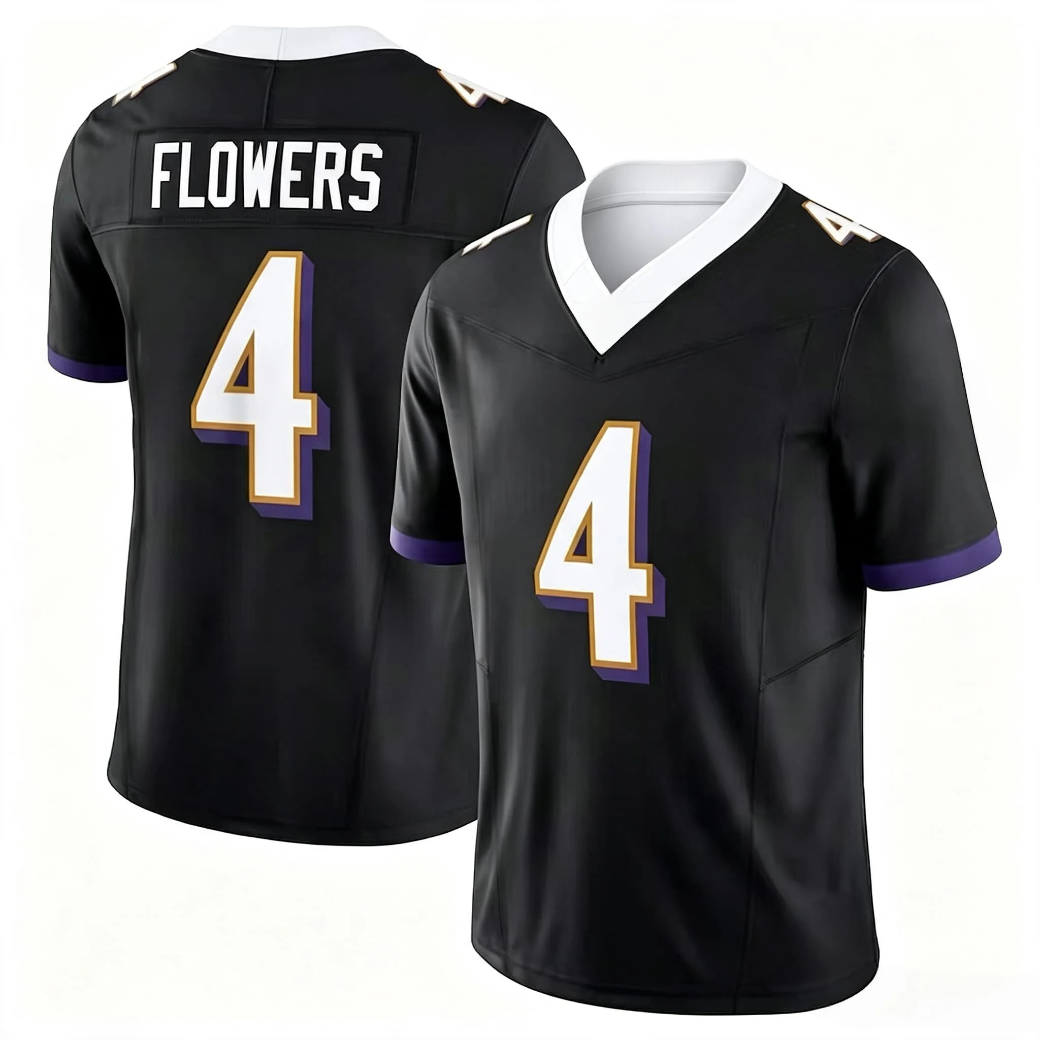 Herren # 4 Flowers American-Football-Trikot mit V-Ausschnitt, Kurzarm-Sportoberteil, mit Name und Nummer, Fan-Uniform, Lila-Schwarz, Familien-Set – Detail 4