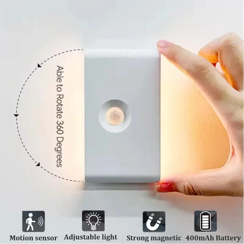 Bezprzewodowa lampka nocna LED z czujnikiem ruchu, ładowana przez USB, bateria 400mAh, nowoczesna lampa ścienna do sypialni, lampka na stolik nocny.