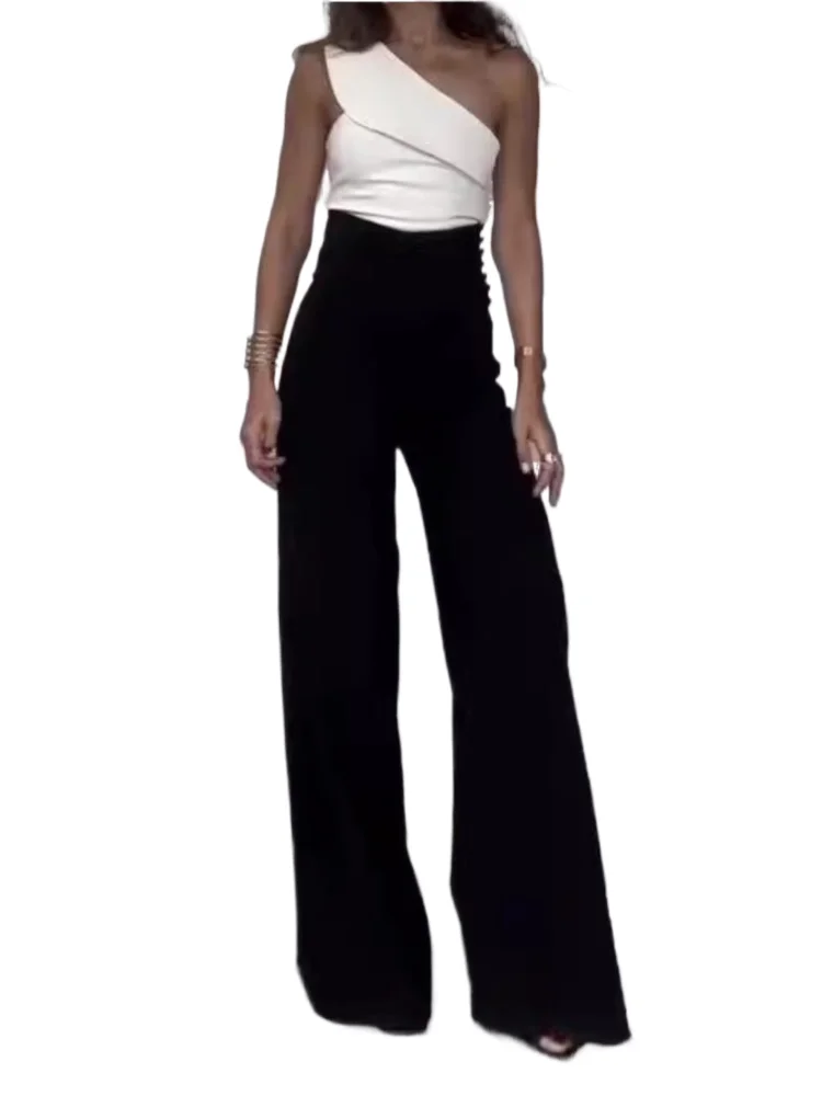 패션 트렌디 팬츠 세트 여성 슬랜트 칼라 오프숄더 탑 하이웨이스트 와이드 레그 바지 투피스 세트 여성 스트리트웨어 2025