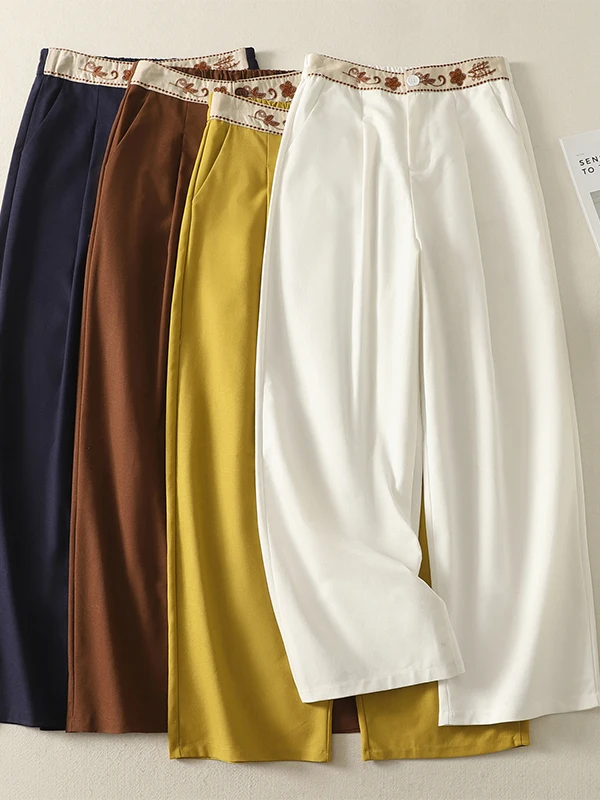 Ele Hose mit hoher Taille, bestickt, weites Bein, lockere Passform, lässig, schmal, gerade, lange Hose für Damen in Übergröße, Sommerkleidung