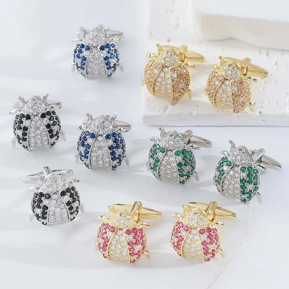 Cute Ladybug Shape Cubic Zirconia Cufflinks Multi Color Crystal Inlaid Men Alloy Shirt Cuff Buttons Novelty Business Suit Gift