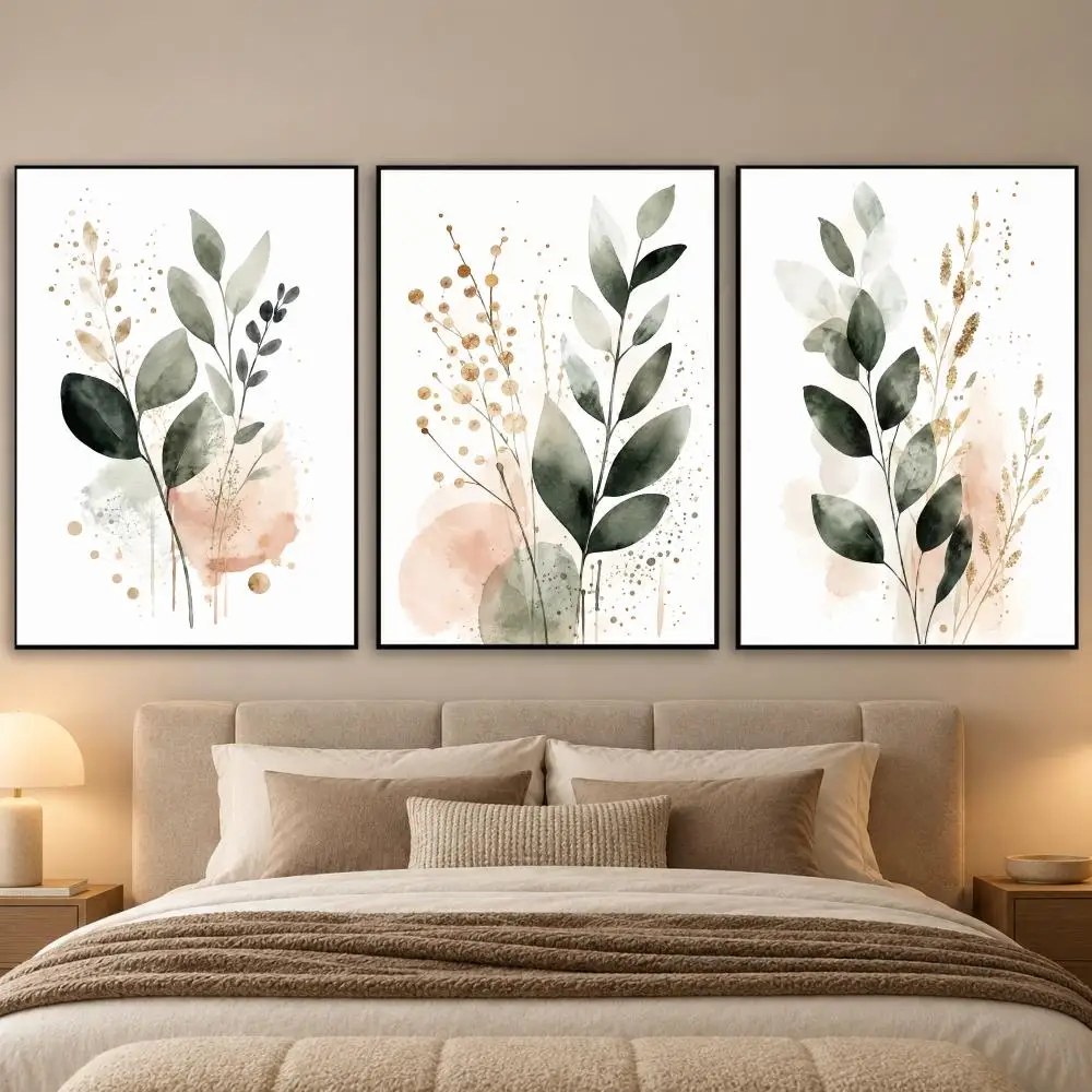 Watercolor Eucalyptus Leaf Painting Calligraphy 3 PCS Canvas Wall Art Prints for Living Room Decor Vintage Fashion Decals