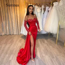 Sumnus Red Sexy Mermaid Evening Dresses Side Split Sequins Sweetheart Pleats Satin Prom Party Dress Robe de Soiree With Train