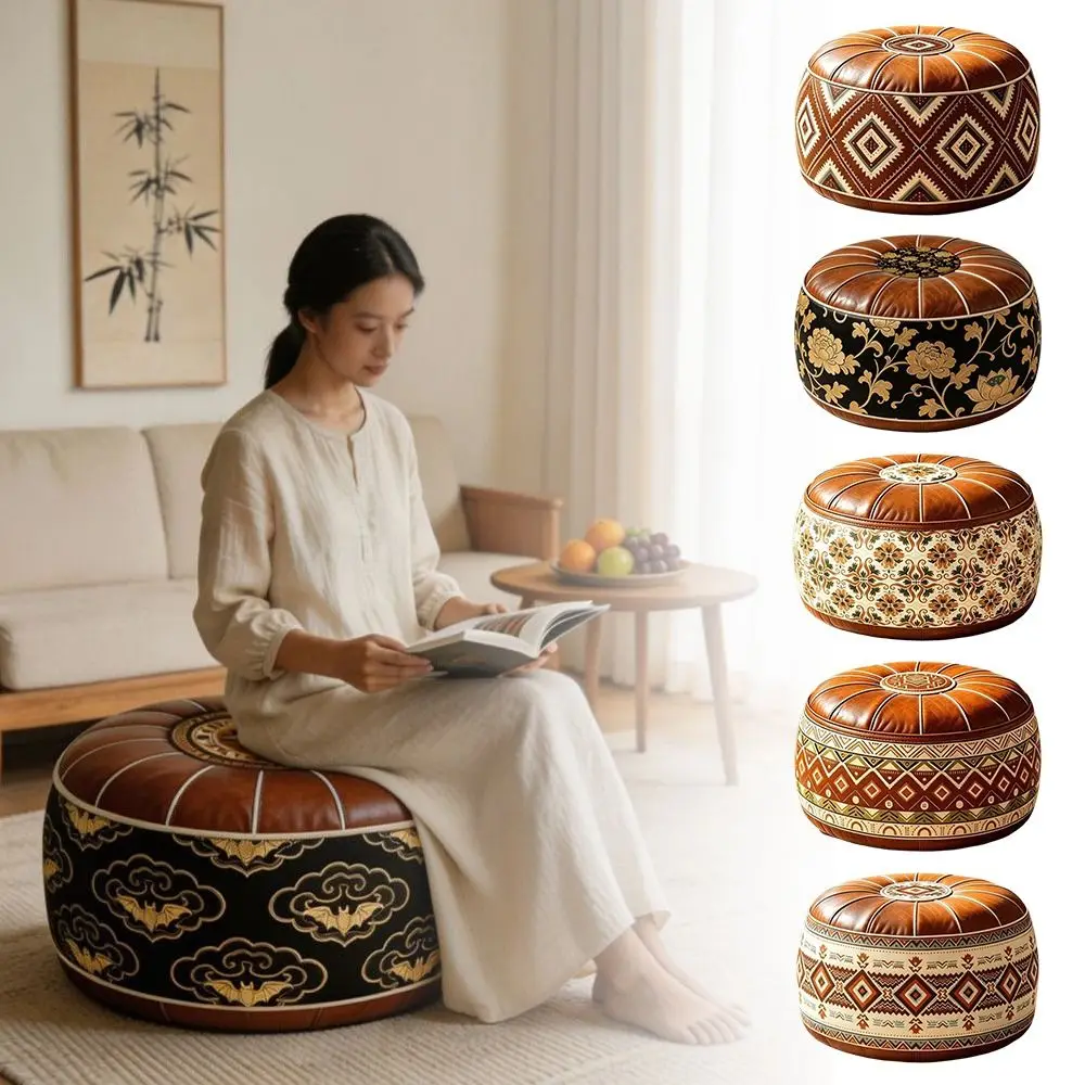 Boho Pattern Ottoman Pouf Fillable Design Large Opening Footstool Cover PU Leather Water Resistant Round Pouf Cover Home Use