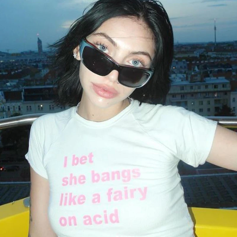 

Hotty Cute and Psycho Print T-shirt Short Sleeve Skinny Crop Top Y2k Harajuku Women Kawaii 90s Streetwear White O-neck Crop Tops