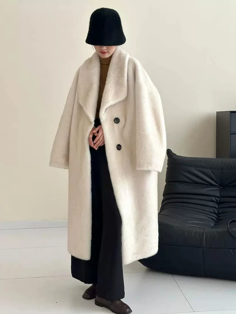 LANMREM Elegant Imitation Mink Coat For Women Lapel Single Breasted Solid Color Long Coats 2024 Winter New Clothing 2Z2628