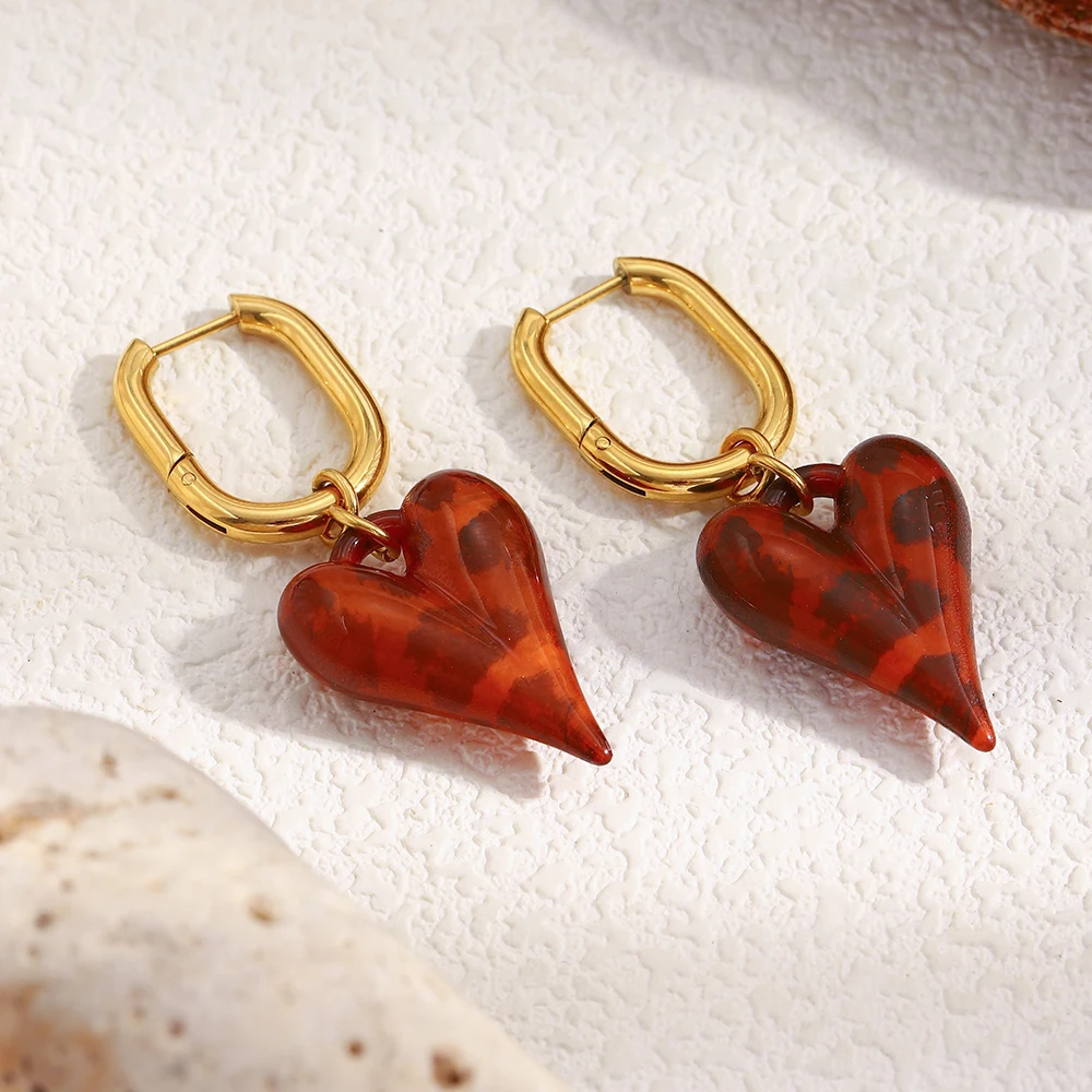 E.B.belle Stainless Steel Vintage Style Red Heart Shaped Hoop Earring Tarnish Free Hypoallergenic Jewelry For Women