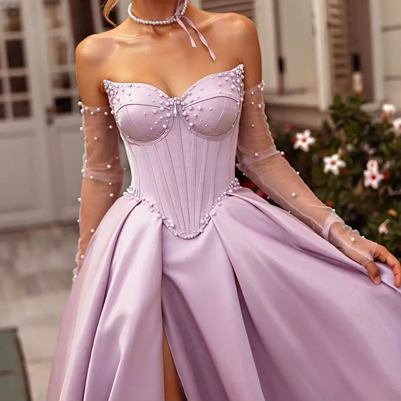 

2025 Amanda A-Line Satin Strapless Sleeveless robes de soirée Side High Split Evening Dresses Exquisite Wedding Dress Custom