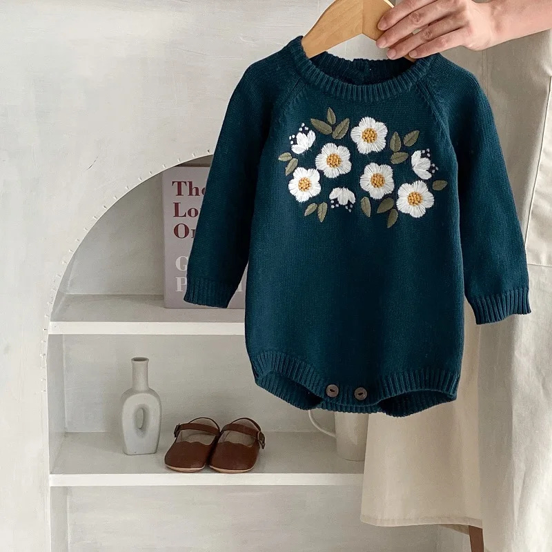 

Cute Baby Girl Romper 0-2Years Newborn Boy Long Sleeve O-Neck Embroidery Flower Knitwear Bodysuit Sweater Spring Autumn Clothes