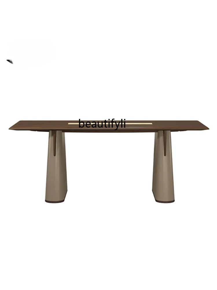 Italian Design Solid Wood Leather Long Table Conference Table Modern Light Luxury Simple Model Room Villa