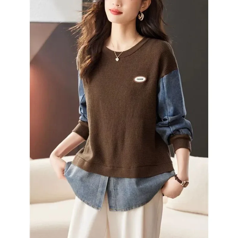 2024 New Women's Spring Autumn Crew Neck Cashmere Patchwork Knitted Fake Two Pieces Fashion Loose Long Sleeve Casual Tops