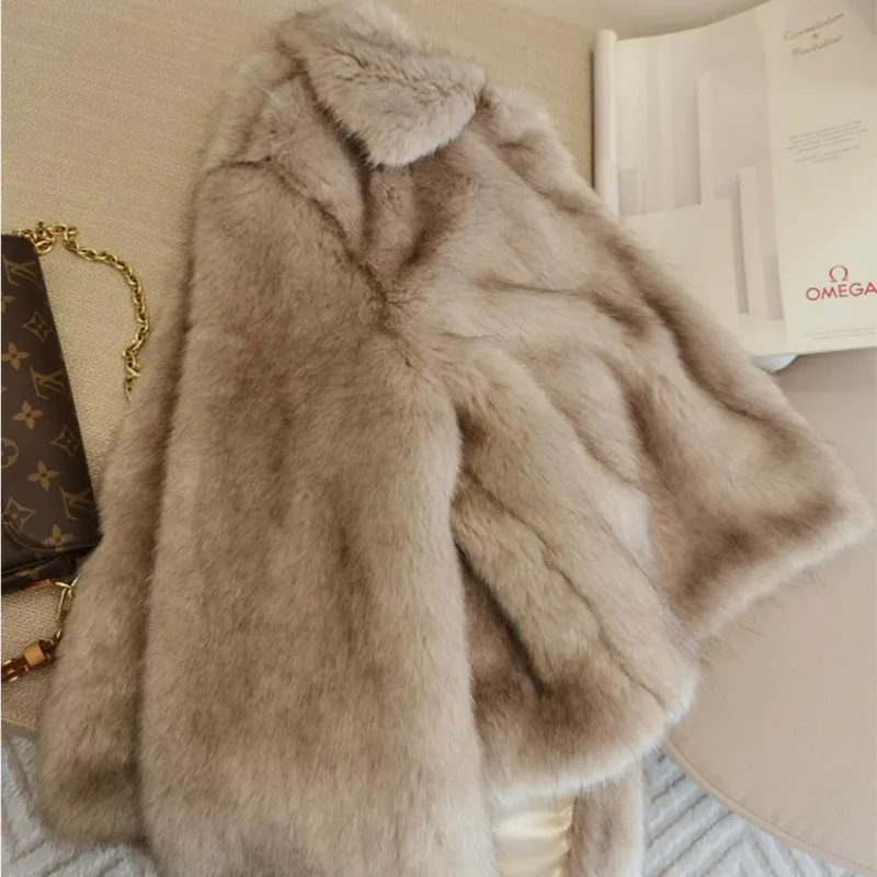 Winter Lapel Gradual Khaki Coffee Cropped Faux Fox Fur Jackets Women Soft Hairy Shaggy Coat Short Keep Warm Party Outerwear