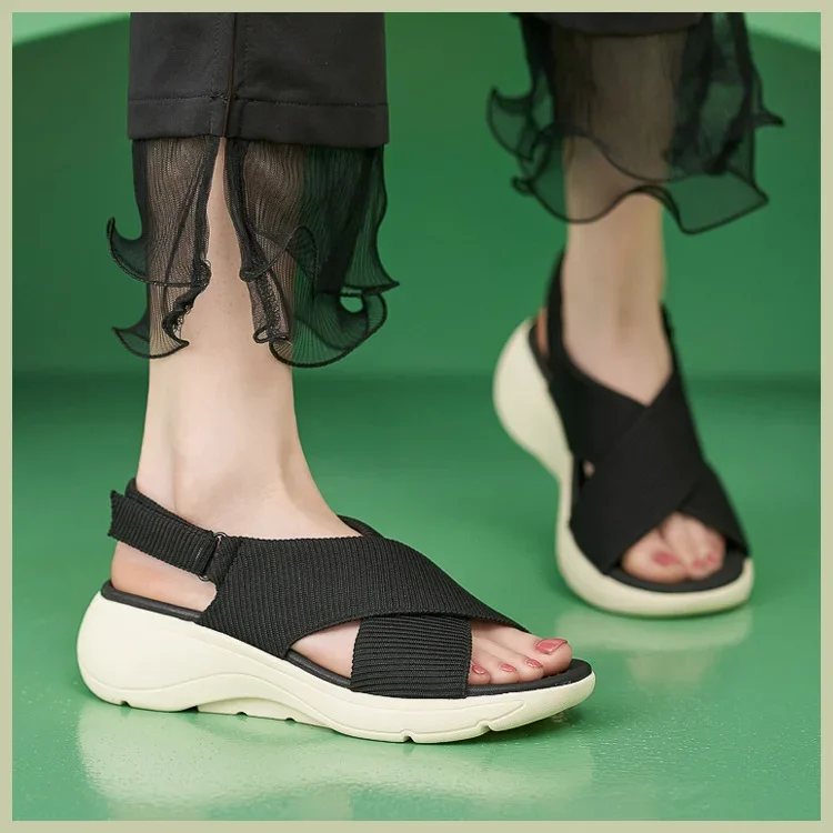 SIKETU Brand Solid Color Shoes for Women Wedge Platform Sandals Cross-tied Sewing Thread Cloth Buckle Waterproof Hook Loop Green